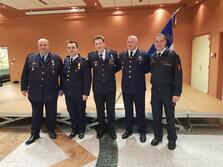 "Gemeinsam stark"
Bild von der Ehrung (v.l.): Partnerschaftsbeauftragter Didier Bartz, Boulays stellv. Kommandant David Petry, der Geehrte Christian Zielke, Boulays Kommandant Francis Weber und Mengens stellv. Kommandant Florian Pfau